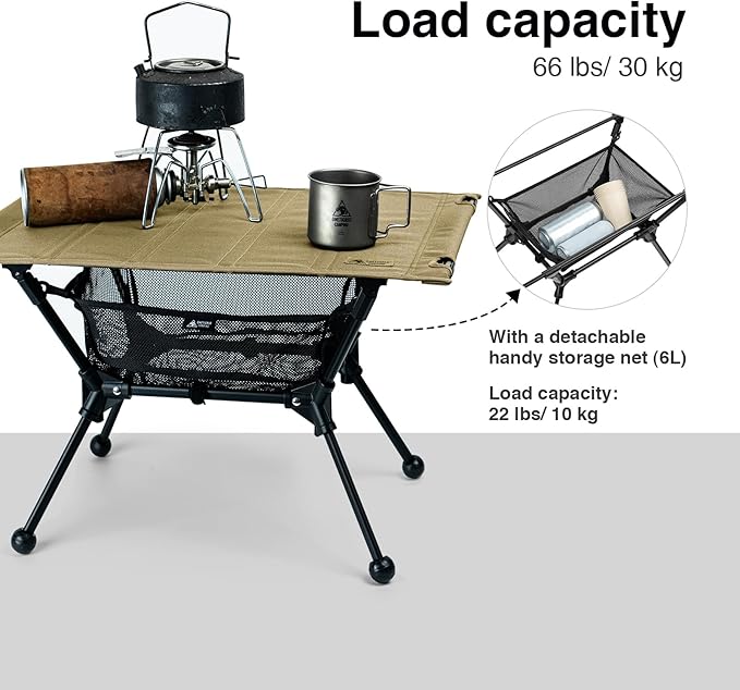 ONETIGRIS Dipper Camping Table, Lightweight Portable Folding Table with Mesh Storage Net, High/Low Options, Ideal for Camping, Hiking, Tailgating, Beach, Picnic, Travel, Backyard