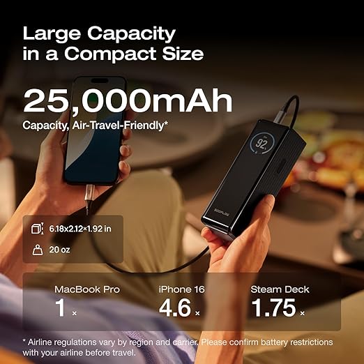 EF ECOFLOW Rapid Power Bank 25,000mAh, 170W Portable Charger with Dual 140W USB-C Ports for Multi-Device Charging, Smart TFT Screen, Compatible with iPhone Series, Samsung, Laptop and More (Black)