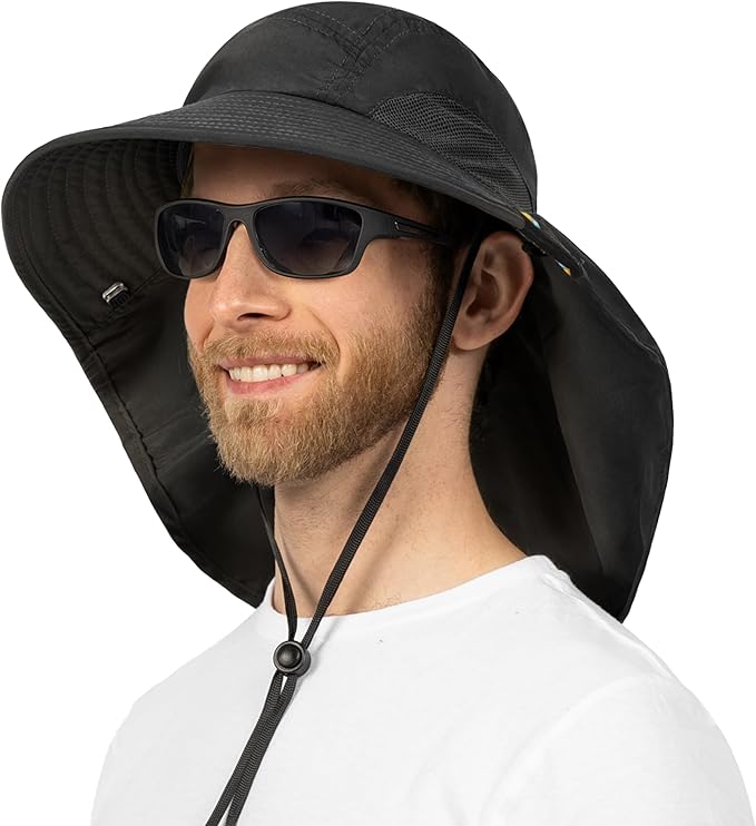 SUN CUBE Wide Brim Sun Hat with Neck Flap, UPF50+ Hiking Safari Fishing Hat for Men Women, Sun Protection Beach Hat