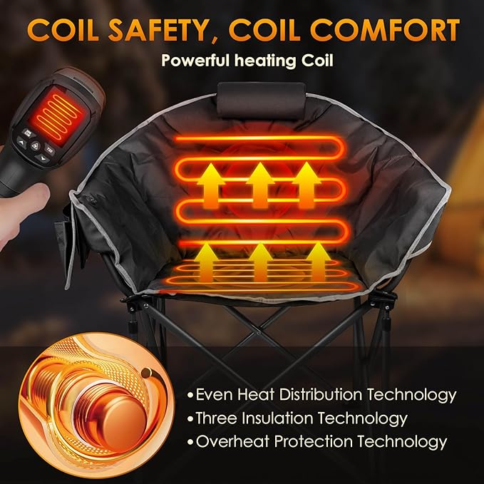 Suteck Oversized Heated Camping Chair - Fully Thicker Padded Heated Chairs for Outdoor Sports W/3 Heat Levels for Back & Seat, Heated Folding Chair for Adults with Carry Bag- Battery NOT Included