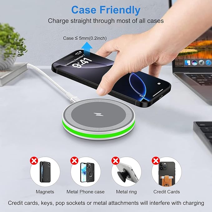 iPhone 17 16 Pro Max Wireless Charger Fast Charging Pad for iPhone 16e/17 Pro/Air/17/16/16 Plus/16 Pro/15/15 Pro Max/15 Plus/15 Pro/14, 15W Android Wireless Charger Station with QC3.0 Adapter