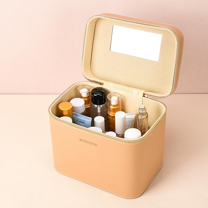 Fashion makeup box, Portable leather hard cosmetic case with mirror, Professional train case make up box for women adults. (Monolayer - Yellow)