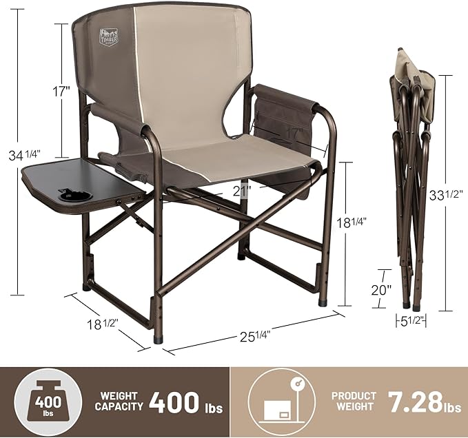 TIMBER RIDGE Aluminum Oversized Camping Chair, Lightweight Portable Directors Chair with Side Table Detachable Side Pocket for Outdoor Camping, Lawn, Picnic, Support 400lbs Tan 2 Pack