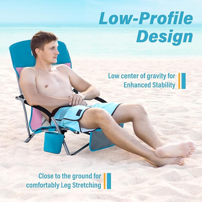 Homcosan Portable Low Folding Beach Chairs Set of 2 - Lightweight Camping Chairs for Adults with Cup Holder & Storage Pockets, Carry Bag Included (Blue & Pink)