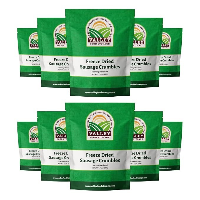 Freeze Dried Sausage Crumbles 10-Bag Bucket, 85 Oz | Premium Emergency Food Supply 25 Year Shelf Life | Prepper Supplies, Survival Food, Off Grid Living Supplies | Valley Food Storage Packaged in USA