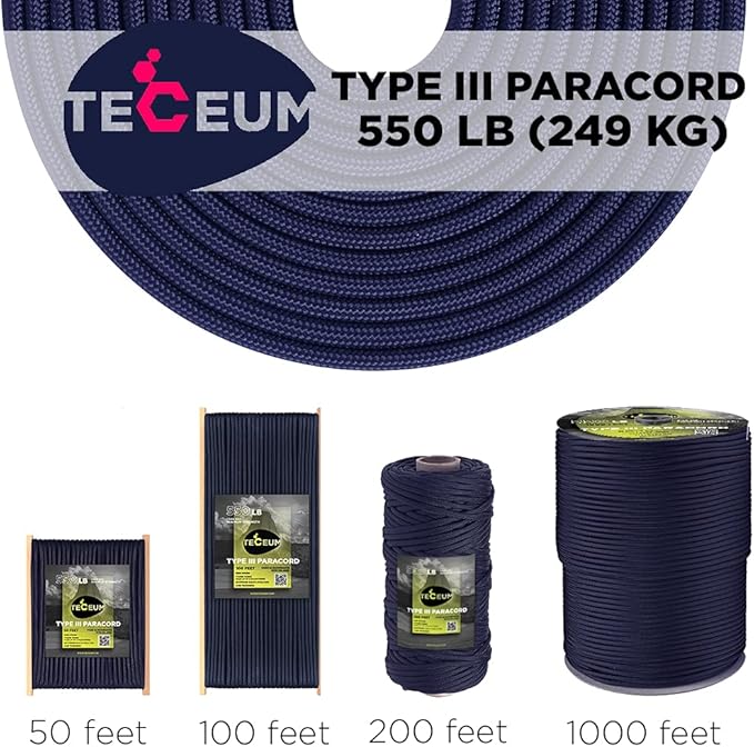 TECEUM 5/32" Paracord Rope 1000 – 1000ft / 200ft / 100ft / 50ft – Tactical Parachute Cord 4mm – 45+ Colors – Nylon String for Survival & Camping Gear – Stripe Cord for Survival – Utility Rope
