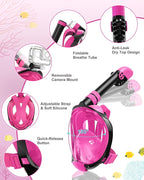 Snorkeling Gear for Kids Teens, Full Face Snorkel Mask & Adjustable Swim Fins Snorkel Set, Panoramic View Snorkel Mask with Dry Top System & Gear Bag, Anti-Fog Anti-Leak