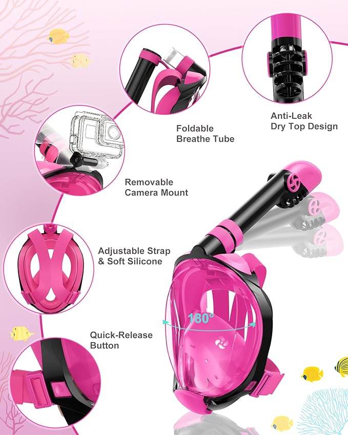 Snorkeling Gear for Kids Teens, Full Face Snorkel Mask & Adjustable Swim Fins Snorkel Set, Panoramic View Snorkel Mask with Dry Top System & Gear Bag, Anti-Fog Anti-Leak