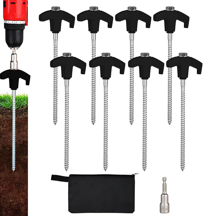 8 Pack Screw in Tent Stakes Heavy Duty,8 Inch Ground Anchors Screw in,Metal Stakes with Hex Head Driver,Camping Tent Accessories.(Black)
