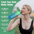 OLDLEY Water Bottle, 32oz Motivational Sports Water Bottle with Time Marker - Times to Drink - Tritan, BPA Free, Wide Mouth Leakproof, Greenish blue (1 Bottle)