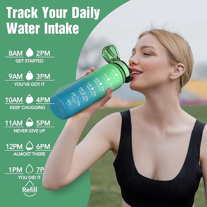 OLDLEY Water Bottle, 32oz Motivational Sports Water Bottle with Time Marker - Times to Drink - Tritan, BPA Free, Wide Mouth Leakproof, Greenish blue (1 Bottle)