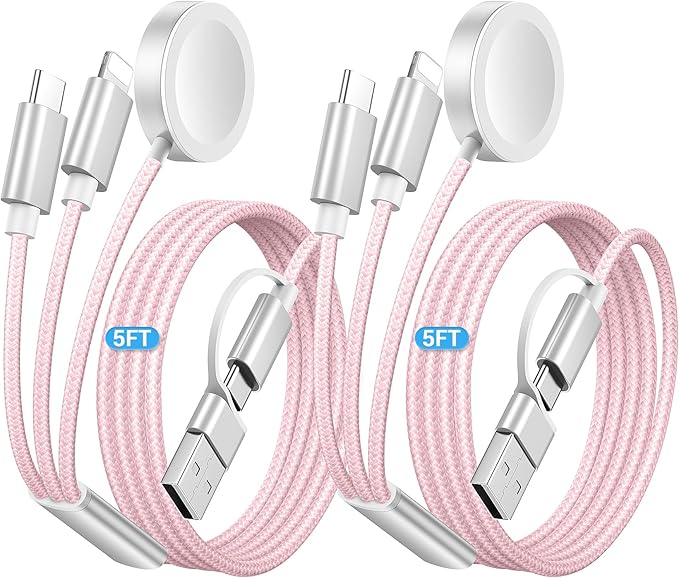 Temdan 2Pack for Apple Watch Charger, 3 in 2 Multi Charging Cable, iPhone Charger, USB A/Type C/Lightning Cable, Portable Travel Essentials Designed for iWatch Ultra/SE/11-1 & iPhone 17-12/ iPad-5Ft