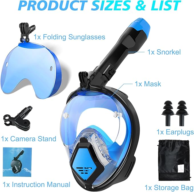 Devilfish Full Face Snorkel Mask Adults, Dry Top System Snorkeling Set with Foldable Sunglasses, 180 Degree Panoramic View Snorkel Gear, Scuba Diving Masks Anti-Leak & Anti-Fog