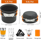 10Pcs Camping Cookware Mess Kit - 1.2L & 0.6L Camping Pots with Stove, Forks Knives Spoons, Sierra Cup, Canister Stand and 16Oz Stainless Steel Cup for Backpacking, Hiking, Outdoor Cooking