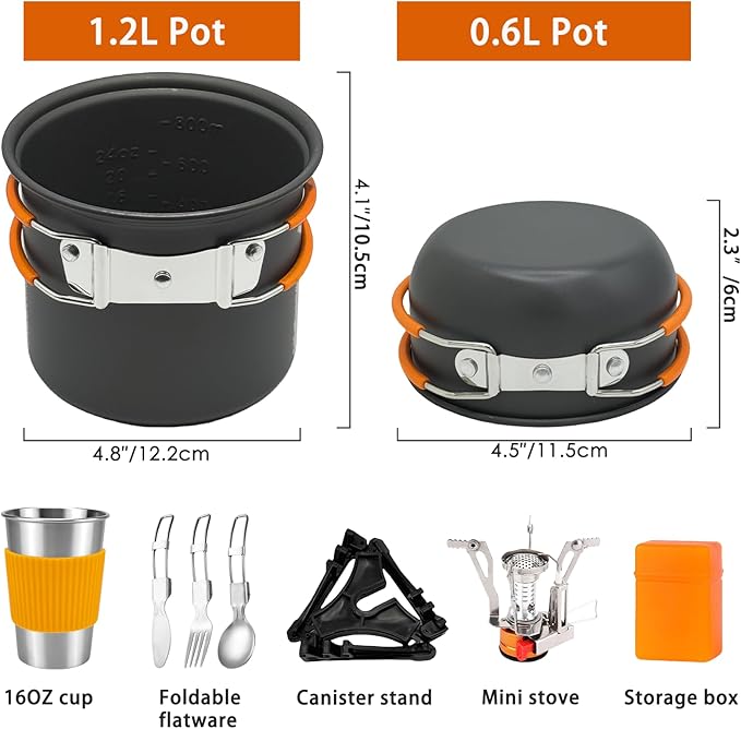 10Pcs Camping Cookware Mess Kit - 1.2L & 0.6L Camping Pots with Stove, Forks Knives Spoons, Sierra Cup, Canister Stand and 16Oz Stainless Steel Cup for Backpacking, Hiking, Outdoor Cooking