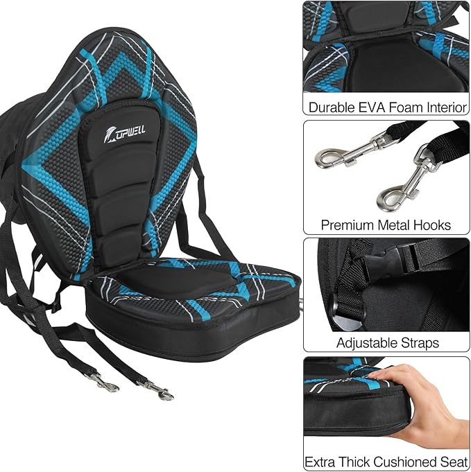 UPWELL Universal Kayak Seat with Detachable Storage Bag & 4 Adjustable Strap, Paddle Board Seat with Memory Foam Padded and Backrest for Kayak, Canoe, Sup