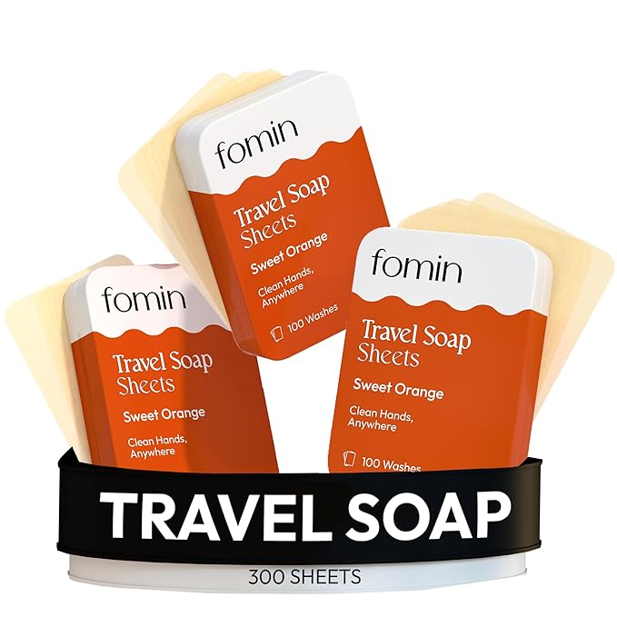 FOMIN - Antibacterial Paper Soap Sheets Tin for Traveling - (300 Sheets) Orange - Portable Travel Hand Soap Sheets, Dissolvable Mini Camping Hand Soap for Hand Washing