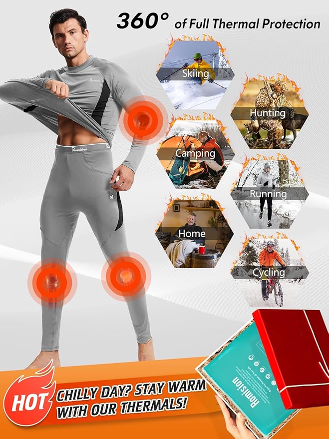 romision Thermal Underwear for Men Long Johns Fleece Lined Hunting Gear Bottom Top Set Base Layer for Cold Weather Gift