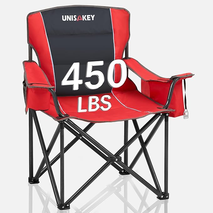 Oversized Folding Camping Chair for Adults - 450lbs Support - Heavy Duty Portable Lawn Chairs with Side Pocket Cup Holder Cooler Bag for Sports Garden Beach Fishing, Red