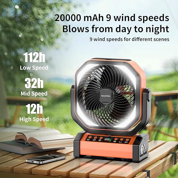 Socool Camping Fan with Light - 20000mAh Rechargeable Battery Fan, 112Hrs Max Run Time, 9 Speeds, Digital Display, Timer, Auto Oscillation, 270° Pivot & Hook for Camping, Power Outage, Hurricane