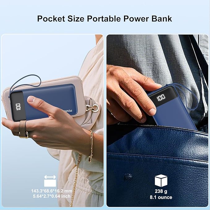 Portable Charger Built-in Cables,10000mAh Power Bank for iPhone,Fast Charge USB C Battery Pack Travel Essentials Slim Lightweight Powerbank Compatible with iPhone 17/16/15/14, Samsung, Android(2 Pack)