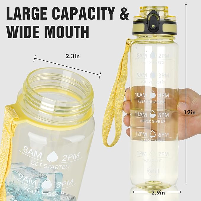 OLDLEY Water Bottle, 32oz Motivational Sports Water Bottle with Time Marker - Times to Drink - Tritan, BPA Free, Wide Mouth Leakproof, Clear Star (1 Bottle)