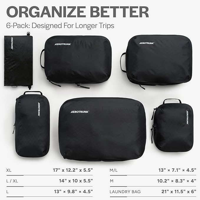 Ultralight Compression Packing Cubes - Lightweight Travel Organizers for Suitcases and Luggage (6-Pack, Black)