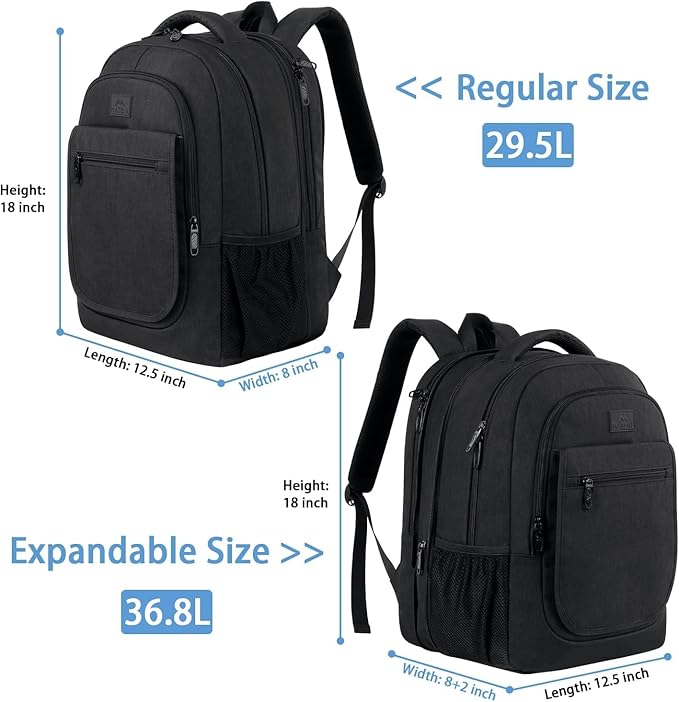 MATEIN Backpack for School, Expandable College Backpack for Boys Girl, Water Resistant Large Bookbag for Men Women, 15.6 inch Laptop Bag, Anti Theft Travel Daypack, Black