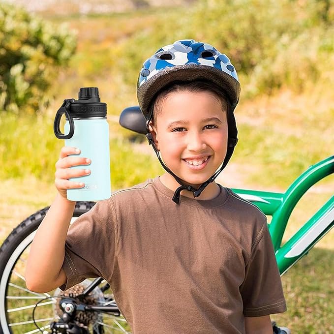 koodee Small Water Bottle 12 oz Stainless Steel Vacuum Insulated Wide Mouth Water Bottle with Leakproof Spout Lid （Bby Blue）