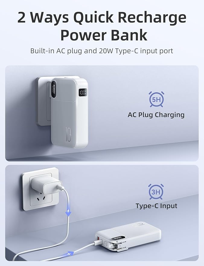RORRY Portable Charger Built in Cables, AC Wall Plug In Portable Charger Power Bank 10000mAh Travel Battery Pack 22.5W Fast Charging for iPhone 17/16/15 Samsung Galaxy S25/S24/S23 Pixel LG iPad, Green