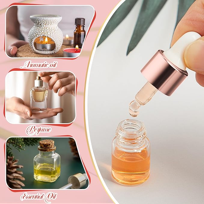 100 Pcs Mini Glass Oil Dropper Bottle Bulk, Clear Essential Small Empty Bottles Sample Containers Perfume Liquid Vials with Cap for Traveling (2 ml,Rose Gold)