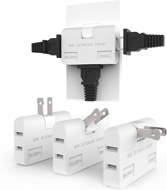 ETwinCoo 3 Way Flat Wall Outlet Extender Safe AC Adapter - 2-Prong Swivel Mini Indoor Wall Tap Plug, Outlet Splitter (Quick & Easy Install) Perfect for Home and Travel, Type A, White (3 Pack)