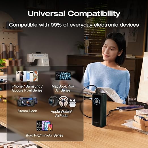 EF ECOFLOW Rapid Power Bank 25,000mAh, 170W Portable Charger with Dual 140W USB-C Ports for Multi-Device Charging, Smart TFT Screen, Compatible with iPhone Series, Samsung, Laptop and More (Green)