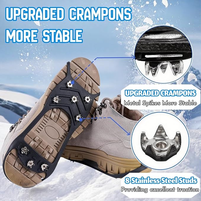 EROCK 2PCS Ice Cleats Snow Traction for Shoes and Boots, Ice Grips Traction Rubber Crampons, 8 Studs Non-Slip Overshoe Spikes Crampons Slip-on Stretch Footwear Winter Hiking Climbing Ice Fishing