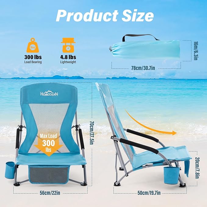 Homcosan Portable Low Folding Beach Chair - Lightweight Camping Chair for Adults with Cup Holder & Storage Pocket, Carry Bag Included (Blue)