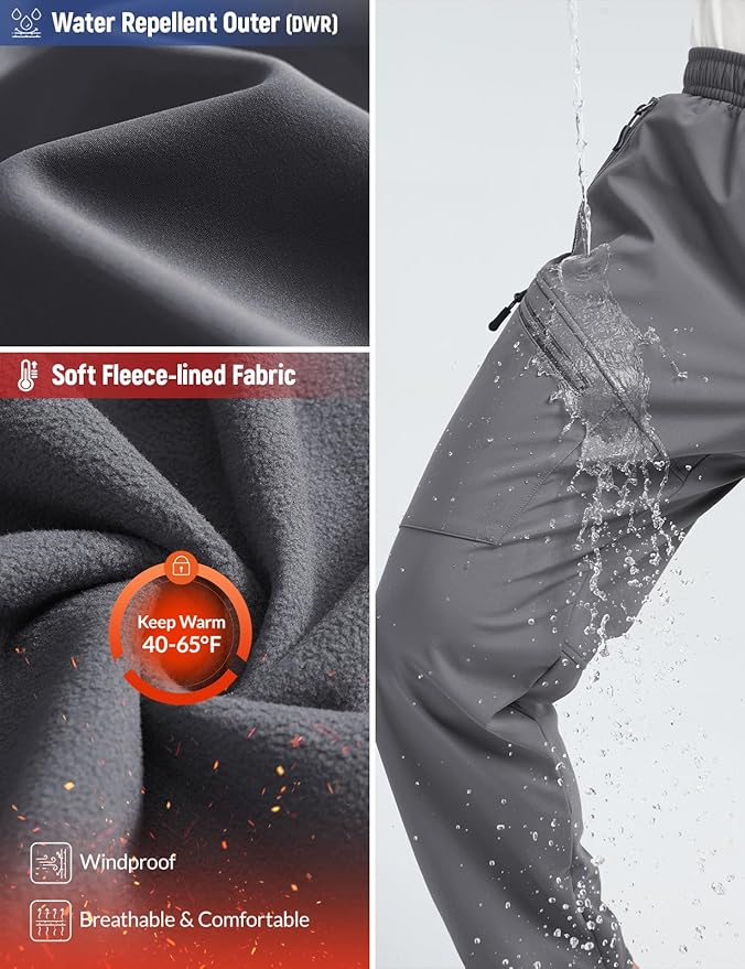 baleaf Men's Fleece Lined Hiking Cargo Pants Softshell Water Resistant Snow Thermal Pants Winter Insulate with Zipper Pocket