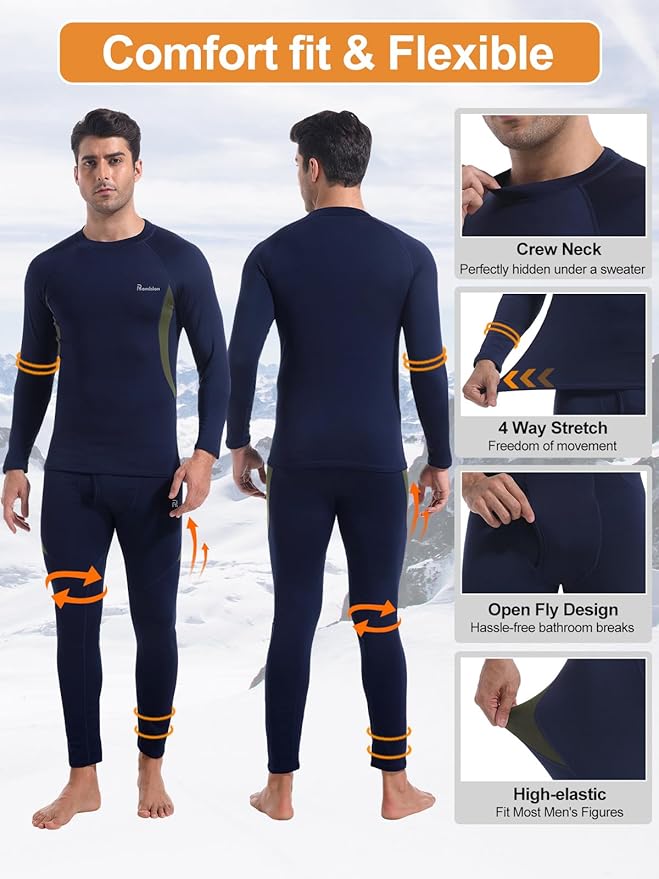 romision Thermal Underwear for Men Long Johns Fleece Lined Hunting Gear Bottom Top Set Base Layer for Cold Weather Gift