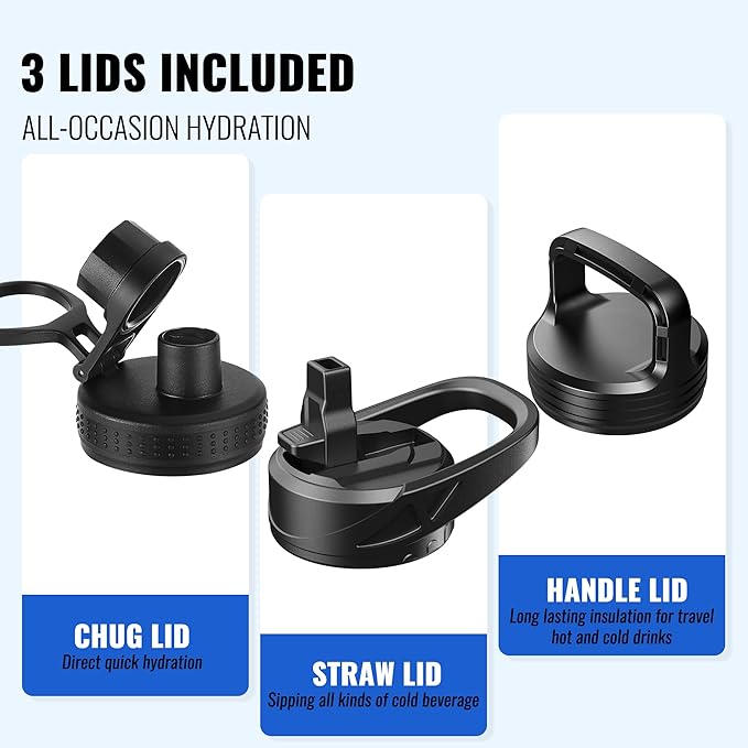 32oz Insulated Water Bottle with Straw, Stainless Steel Metal Vacuum Water Flask, Large Thermal Water bottle with Leakproof 3 Lids for Travel, Camping, Gym Sports Dark Rainbow