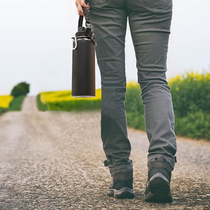 Volhoply 40 oz Insulated Water Bottles Paracord Handle, Stainless Steel Sports Bottle with Spout Lid, Double Walled Travel Water Cups with Wide Mouth, Reusable Water jug for Adults (Black, 1 Set)