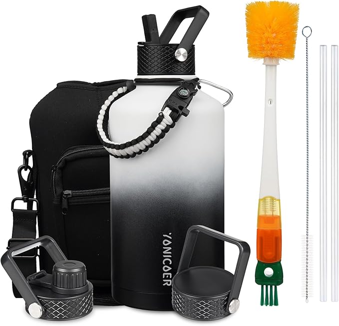 Insulated Water Bottle 87oz,Triple Wall Vacuum Stainless Steel(Dishwasher Safe),Leak Proof & Non-BPA,Flask Jug with Paracord Handle & Straw Spout Lids Sports Gradient black