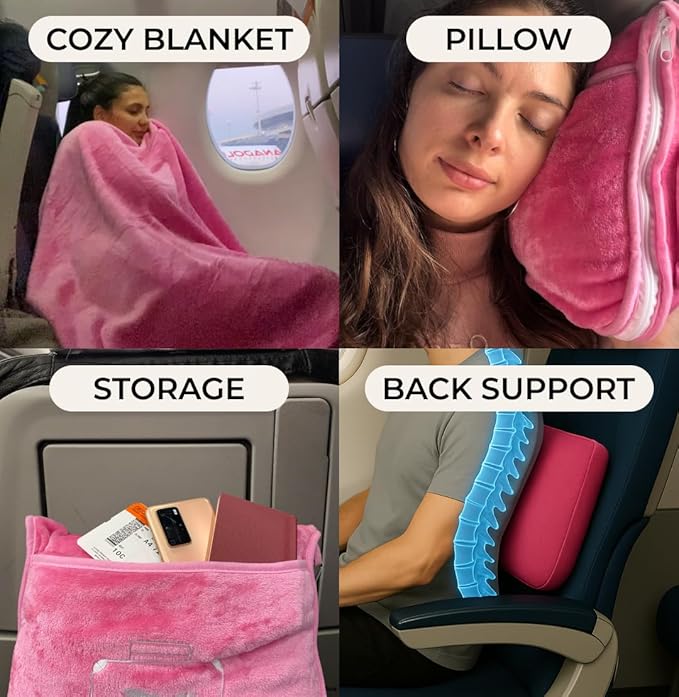 FlyHugz Pink Travel Blanket & Pillow Set (59.1"x47.2") with Carry Case, Luggage Sleeve & Clip – Portable, Lightweight, Breathable & Washable – Perfect for Plane, Car, Camping & Travel