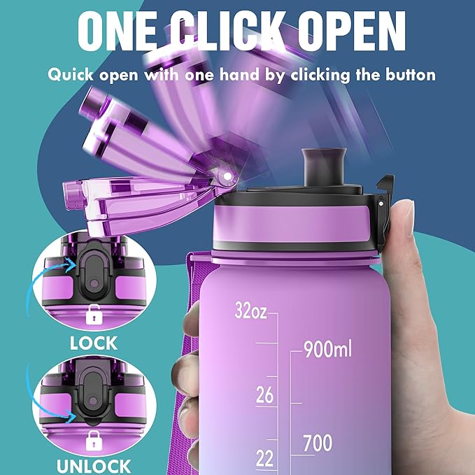 OLDLEY Water Bottle, 32oz Motivational Sports Water Bottle with Time Marker - Times to Drink - Tritan, BPA Free, Wide Mouth Leakproof, Confectionery (1 Bottle)