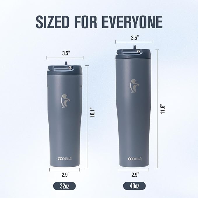 Coolflask Water Bottle 32 oz Fits Car Cup Holder, Slim Tumbler Stainless Steel with Straw & Handle, Vacuum Flask Leakproof Wide Mouth for Travel Sports Gym, Grey