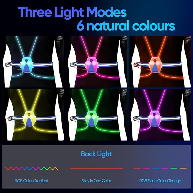 LED Reflective Running Vest Lights for Runners, Running Lights with Front Light, Safety USB Rechargeable Reflective Night Lights For Men/Women Running Walking Cycling, Three Light Modes with 7 Colors