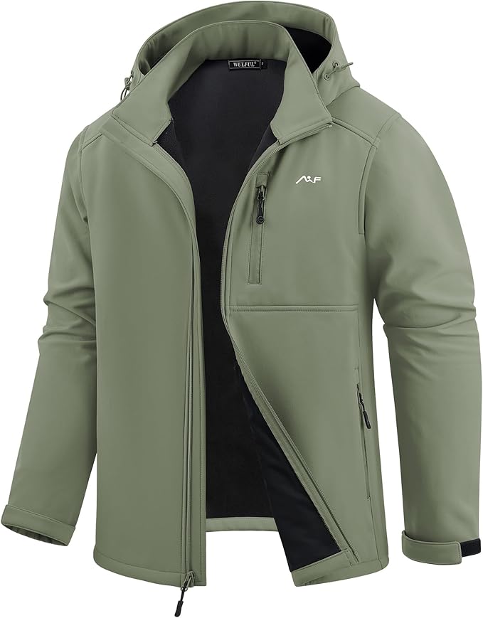 WULFUL Men's Softshell Jacket Waterproof Lightweight Insulated Windbreaker Fleece Lined Rain Shell Jacket for Hiking Travel