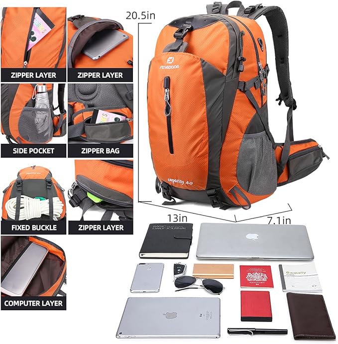 FENGDONG 40L Waterproof Lightweight Outdoor Daypack Hiking,Camping,Travel Backpack for Men Women Orange