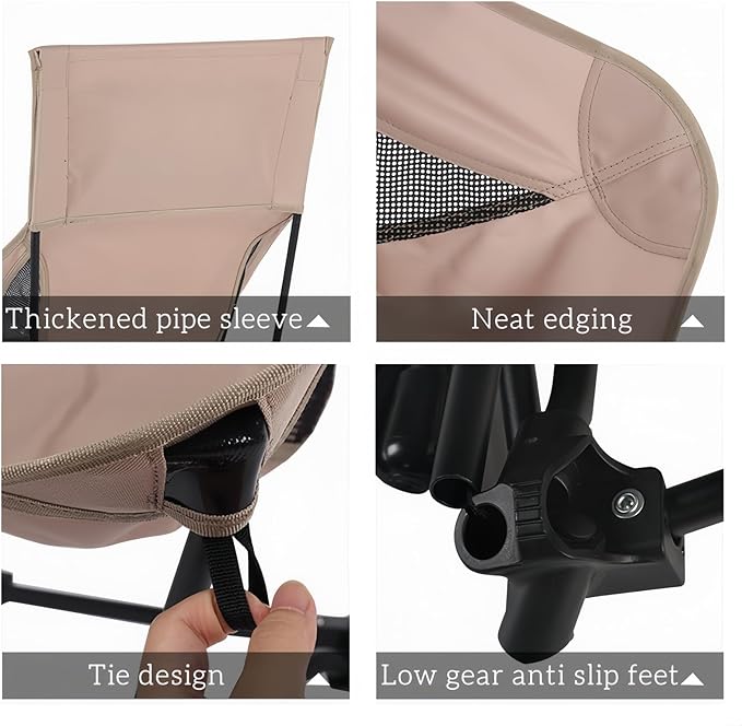 High Back Reclining Camping Chair - Oversized Folding Chair with Head Support, Widened Seat for Outdoor, Beach, Camp, Festivals (Khaki)