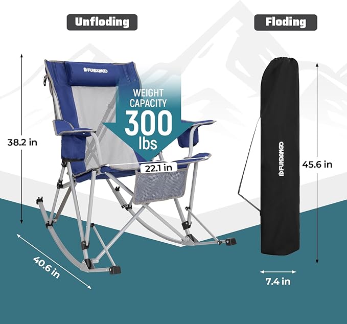 FUNDANGO Rocking Camping Chair, 2 Pack High Mesh Back Portable Folding Camp Chairs with Pillows, Cup Holder and Carry Bag for Lawn Patio Garden Outdoor Supports 300 Lbs (Blue/Grey)
