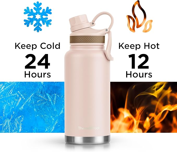 ThermoProof Double-Walled Vacuum Insulated Stainless Steel Water Bottle - Wide Mouth Canteen, Spout & Straw Lids, Dishwasher Safe, Reusable, Leakproof, Hot & Cold for Men, Women & Kids - 32oz, Taupe