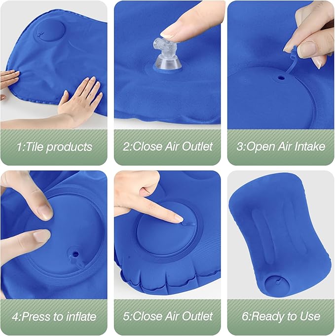 2-Pack Inflatable Camping Pillow, Portable Travel Pillow for Sleeping, Lightweight Compact Inflatable Pillows for Beach, Hiking, Backpacking, Airplane Travel, Press-to-Inflate Design (Blue)